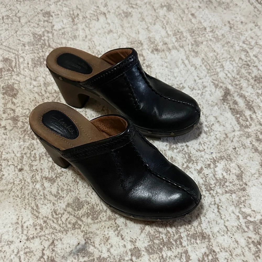 Clarks Black Leather Heeled Mules - Picture 1 of 6